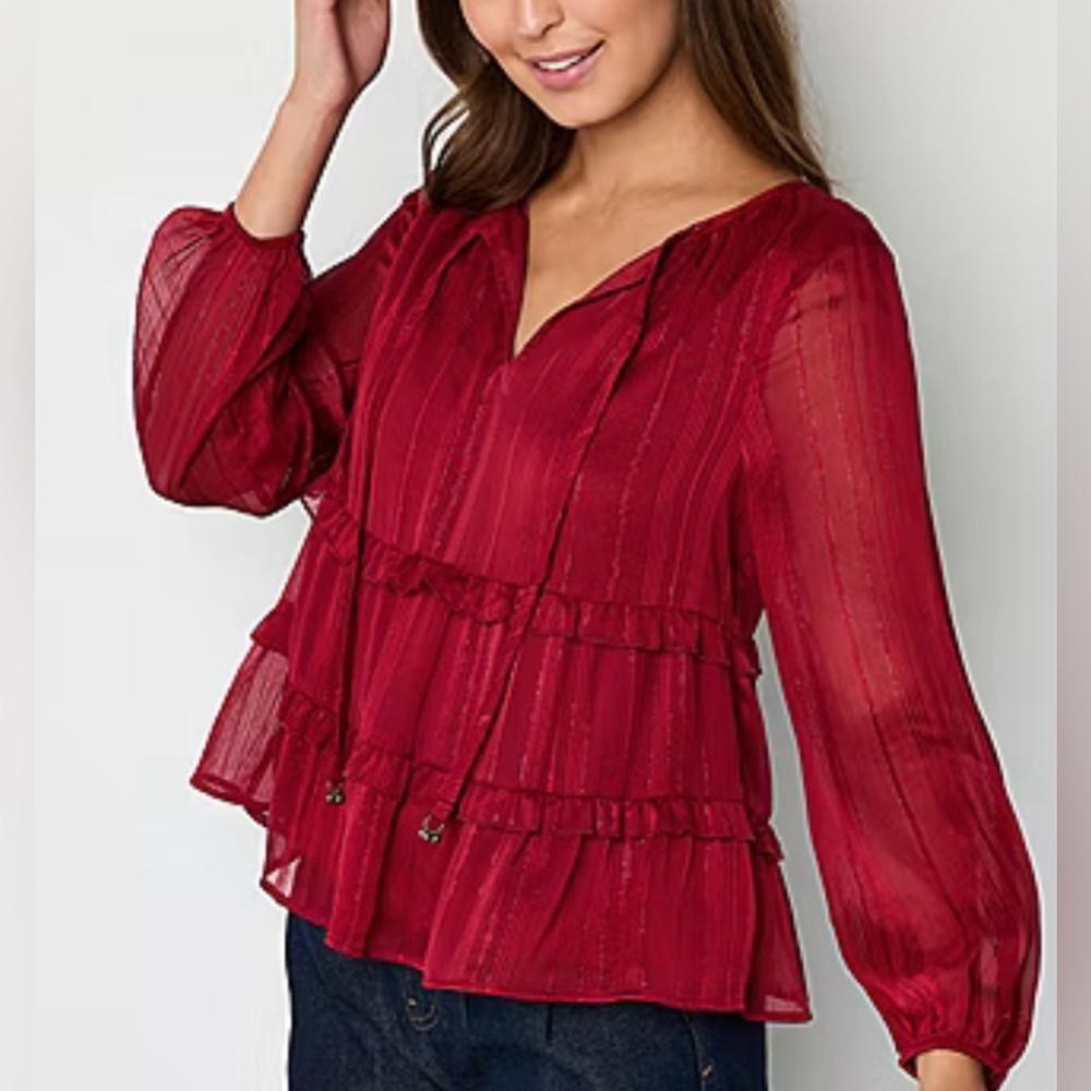 Frye & Co Rhubarb Red Split Neck Ruffle Blouse NWT Medium